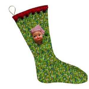 Christmas Stocking with Dolly Face Holiday Decor Xmas Vintage Handmade